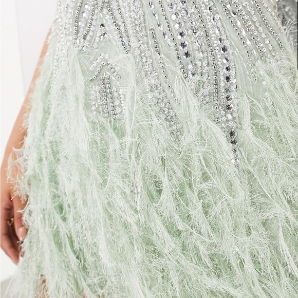 ASOS EDITION crystal and bead mini dress with faux-feather hem in sage green - Picture 3 of 3